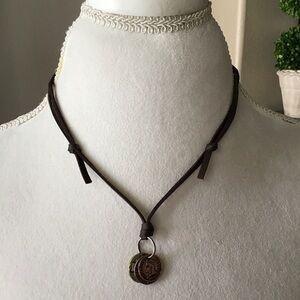 NEW Leatherette ADJUSTABLE Necklace 3 Faux Coins Surfer Boho Style Unisex Slide